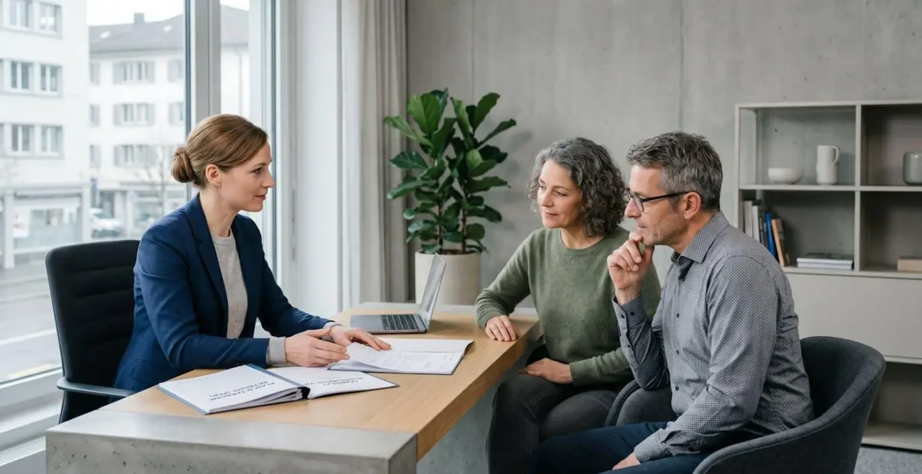 Conseiller financier présentant des documents PER et assurance vie à un couple dans un bureau contemporain