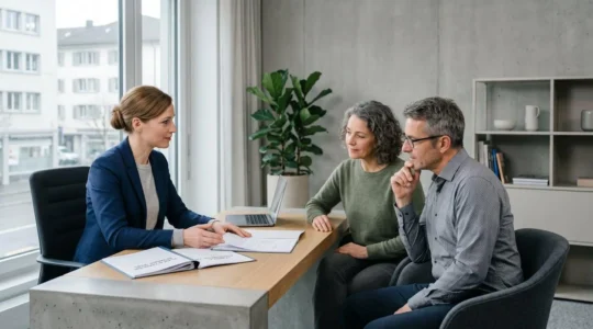 Conseiller financier présentant des documents PER et assurance vie à un couple dans un bureau contemporain