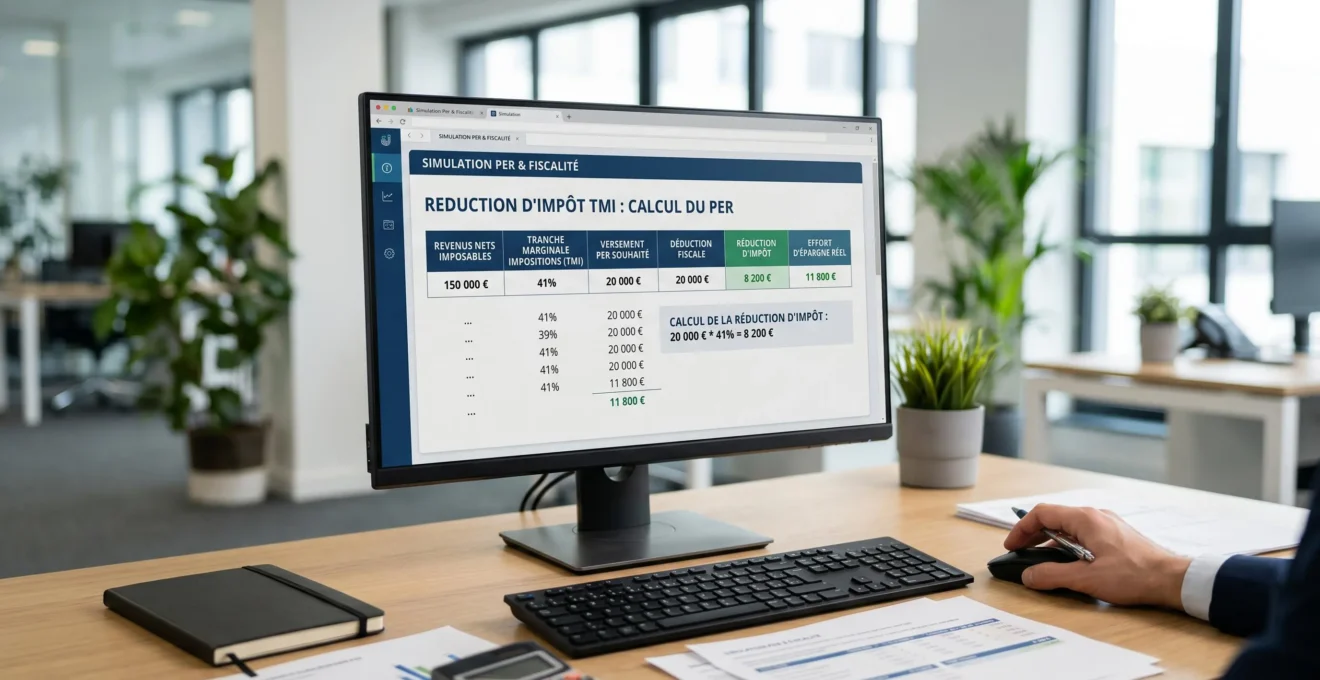 Écran d'ordinateur montrant simulation fiscale PER avec calculs de déduction TMI sur bureau de conseiller